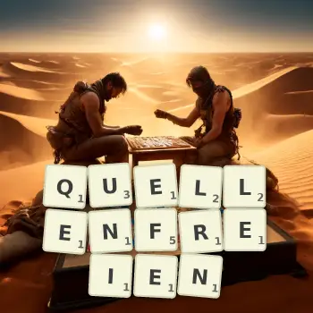 Kreative Illustration für ein Scrabble-Spiel, bei dem das Wort QUELLENFREIEN mit Steinen auf dem Brett gelegt wurde.