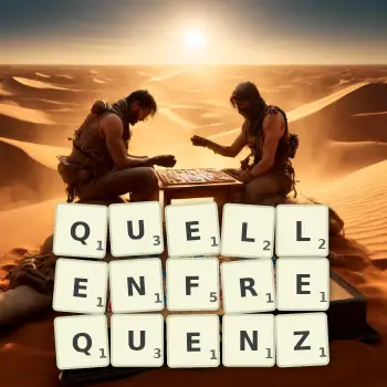 Kreative Illustration für ein Scrabble-Spiel, bei dem das Wort QUELLENFREQUENZ mit Steinen auf dem Brett gelegt wurde.