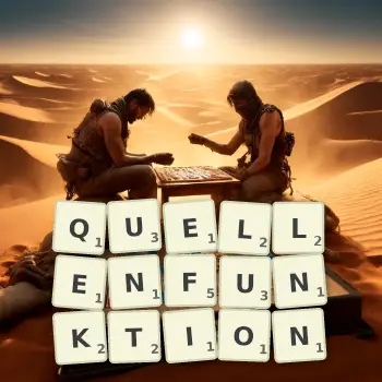 Kreative Illustration für ein Scrabble-Spiel, bei dem das Wort QUELLENFUNKTION mit Steinen auf dem Brett gelegt wurde.
