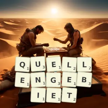 Kreative Illustration für ein Scrabble-Spiel, bei dem das Wort QUELLENGEBIET mit Steinen auf dem Brett gelegt wurde.