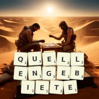 Kreative Illustration für ein Scrabble-Spiel, bei dem das Wort QUELLENGEBIETE mit Steinen auf dem Brett gelegt wurde.