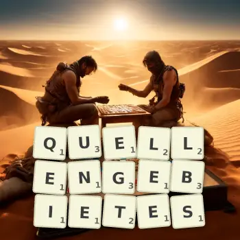 Kreative Illustration für ein Scrabble-Spiel, bei dem das Wort QUELLENGEBIETES mit Steinen auf dem Brett gelegt wurde.