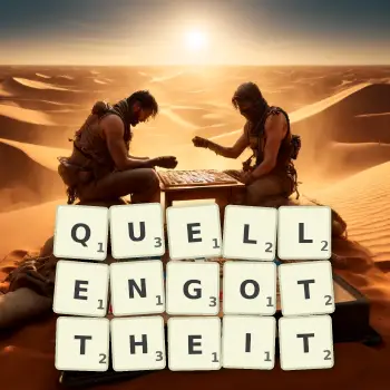 Kreative Illustration für ein Scrabble-Spiel, bei dem das Wort QUELLENGOTTHEIT mit Steinen auf dem Brett gelegt wurde.