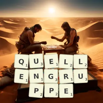 Kreative Illustration für ein Scrabble-Spiel, bei dem das Wort QUELLENGRUPPE mit Steinen auf dem Brett gelegt wurde.