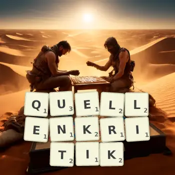 Kreative Illustration für ein Scrabble-Spiel, bei dem das Wort QUELLENKRITIK mit Steinen auf dem Brett gelegt wurde.