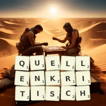 Kreative Illustration für ein Scrabble-Spiel, bei dem das Wort QUELLENKRITISCH mit Steinen auf dem Brett gelegt wurde.