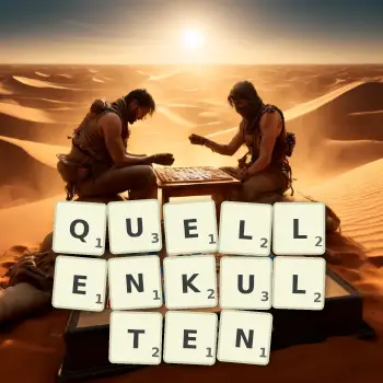 Kreative Illustration für ein Scrabble-Spiel, bei dem das Wort QUELLENKULTEN mit Steinen auf dem Brett gelegt wurde.