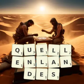 Kreative Illustration für ein Scrabble-Spiel, bei dem das Wort QUELLENLANDES mit Steinen auf dem Brett gelegt wurde.