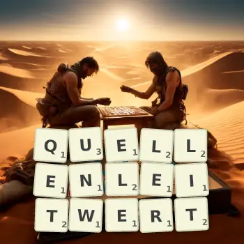 Kreative Illustration für ein Scrabble-Spiel, bei dem das Wort QUELLENLEITWERT mit Steinen auf dem Brett gelegt wurde.