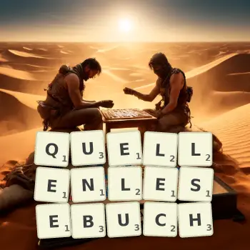 Kreative Illustration für ein Scrabble-Spiel, bei dem das Wort QUELLENLESEBUCH mit Steinen auf dem Brett gelegt wurde.