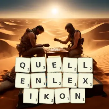 Kreative Illustration für ein Scrabble-Spiel, bei dem das Wort QUELLENLEXIKON mit Steinen auf dem Brett gelegt wurde.