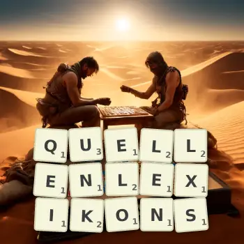 Kreative Illustration für ein Scrabble-Spiel, bei dem das Wort QUELLENLEXIKONS mit Steinen auf dem Brett gelegt wurde.