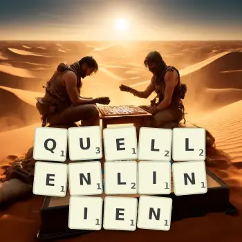 Kreative Illustration für ein Scrabble-Spiel, bei dem das Wort QUELLENLINIEN mit Steinen auf dem Brett gelegt wurde.