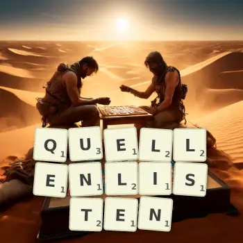 Kreative Illustration für ein Scrabble-Spiel, bei dem das Wort QUELLENLISTEN mit Steinen auf dem Brett gelegt wurde.