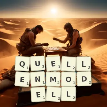 Kreative Illustration für ein Scrabble-Spiel, bei dem das Wort QUELLENMODELL mit Steinen auf dem Brett gelegt wurde.