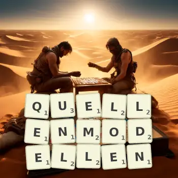 Kreative Illustration für ein Scrabble-Spiel, bei dem das Wort QUELLENMODELLEN mit Steinen auf dem Brett gelegt wurde.