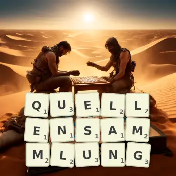 Kreative Illustration für ein Scrabble-Spiel, bei dem das Wort QUELLENSAMMLUNG mit Steinen auf dem Brett gelegt wurde.
