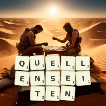 Kreative Illustration für ein Scrabble-Spiel, bei dem das Wort QUELLENSEITEN mit Steinen auf dem Brett gelegt wurde.