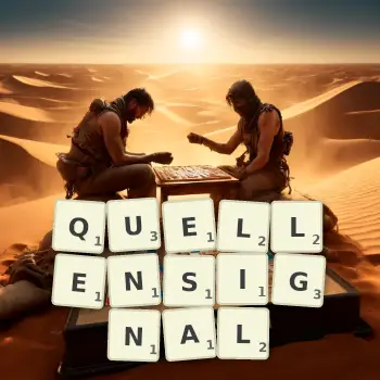 Kreative Illustration für ein Scrabble-Spiel, bei dem das Wort QUELLENSIGNAL mit Steinen auf dem Brett gelegt wurde.