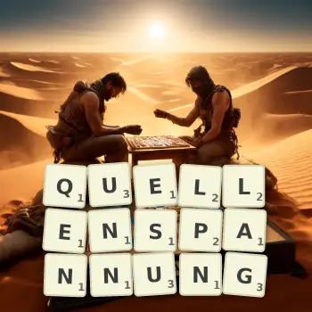 Kreative Illustration für ein Scrabble-Spiel, bei dem das Wort QUELLENSPANNUNG mit Steinen auf dem Brett gelegt wurde.
