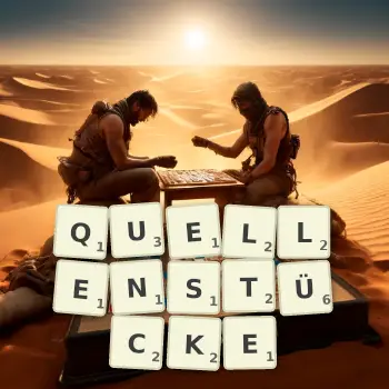 Kreative Illustration für ein Scrabble-Spiel, bei dem das Wort QUELLENSTÜCKE mit Steinen auf dem Brett gelegt wurde.