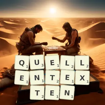 Kreative Illustration für ein Scrabble-Spiel, bei dem das Wort QUELLENTEXTEN mit Steinen auf dem Brett gelegt wurde.