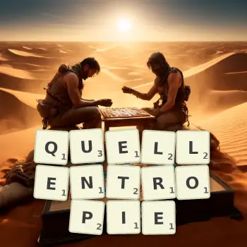 Kreative Illustration für ein Scrabble-Spiel, bei dem das Wort QUELLENTROPIE mit Steinen auf dem Brett gelegt wurde.