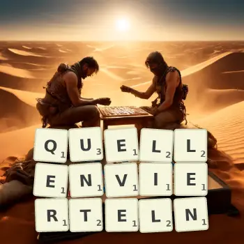 Kreative Illustration für ein Scrabble-Spiel, bei dem das Wort QUELLENVIERTELN mit Steinen auf dem Brett gelegt wurde.