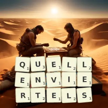 Kreative Illustration für ein Scrabble-Spiel, bei dem das Wort QUELLENVIERTELS mit Steinen auf dem Brett gelegt wurde.