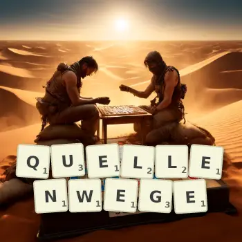 Kreative Illustration für ein Scrabble-Spiel, bei dem das Wort QUELLENWEGE mit Steinen auf dem Brett gelegt wurde.