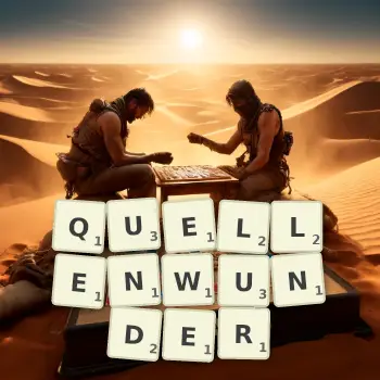 Kreative Illustration für ein Scrabble-Spiel, bei dem das Wort QUELLENWUNDER mit Steinen auf dem Brett gelegt wurde.