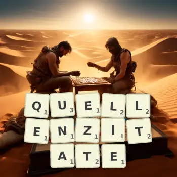 Kreative Illustration für ein Scrabble-Spiel, bei dem das Wort QUELLENZITATE mit Steinen auf dem Brett gelegt wurde.