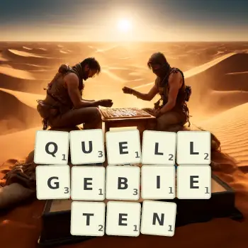 Kreative Illustration für ein Scrabble-Spiel, bei dem das Wort QUELLGEBIETEN mit Steinen auf dem Brett gelegt wurde.