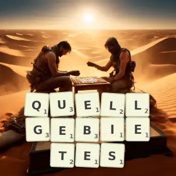 Kreative Illustration für ein Scrabble-Spiel, bei dem das Wort QUELLGEBIETES mit Steinen auf dem Brett gelegt wurde.