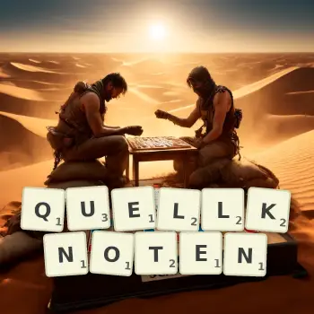 Kreative Illustration für ein Scrabble-Spiel, bei dem das Wort QUELLKNOTEN mit Steinen auf dem Brett gelegt wurde.