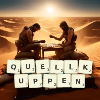 Kreative Illustration für ein Scrabble-Spiel, bei dem das Wort QUELLKUPPEN mit Steinen auf dem Brett gelegt wurde.