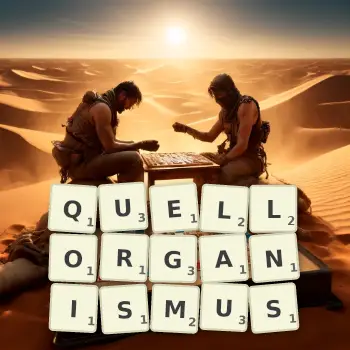 Kreative Illustration für ein Scrabble-Spiel, bei dem das Wort QUELLORGANISMUS mit Steinen auf dem Brett gelegt wurde.