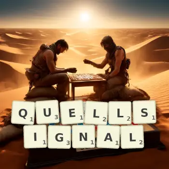 Kreative Illustration für ein Scrabble-Spiel, bei dem das Wort QUELLSIGNAL mit Steinen auf dem Brett gelegt wurde.