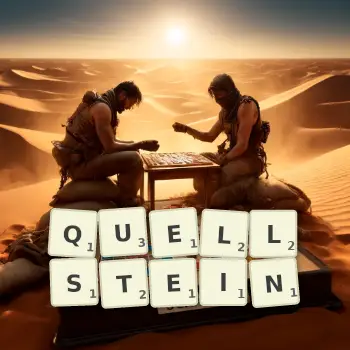 Kreative Illustration für ein Scrabble-Spiel, bei dem das Wort QUELLSTEIN mit Steinen auf dem Brett gelegt wurde.