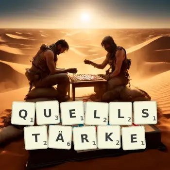Kreative Illustration für ein Scrabble-Spiel, bei dem das Wort QUELLSTÄRKE mit Steinen auf dem Brett gelegt wurde.