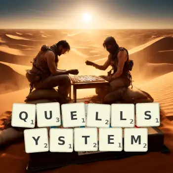 Kreative Illustration für ein Scrabble-Spiel, bei dem das Wort QUELLSYSTEM mit Steinen auf dem Brett gelegt wurde.