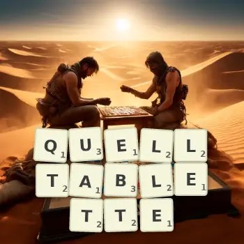 Kreative Illustration für ein Scrabble-Spiel, bei dem das Wort QUELLTABLETTE mit Steinen auf dem Brett gelegt wurde.