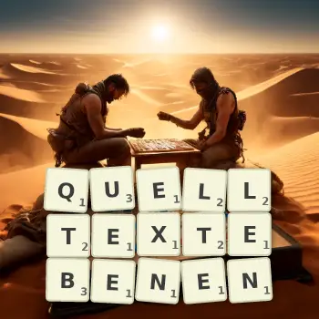 Kreative Illustration für ein Scrabble-Spiel, bei dem das Wort QUELLTEXTEBENEN mit Steinen auf dem Brett gelegt wurde.