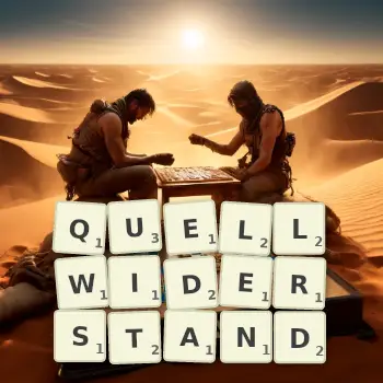 Kreative Illustration für ein Scrabble-Spiel, bei dem das Wort QUELLWIDERSTAND mit Steinen auf dem Brett gelegt wurde.