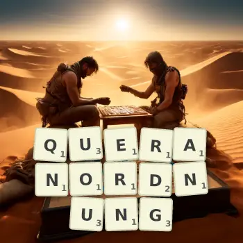 Kreative Illustration für ein Scrabble-Spiel, bei dem das Wort QUERANORDNUNG mit Steinen auf dem Brett gelegt wurde.