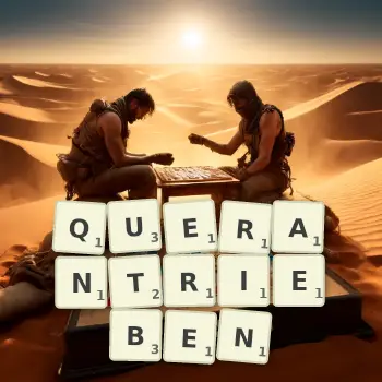 Kreative Illustration für ein Scrabble-Spiel, bei dem das Wort QUERANTRIEBEN mit Steinen auf dem Brett gelegt wurde.