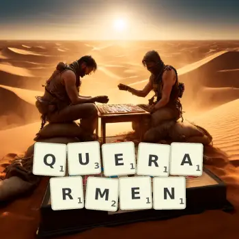 Kreative Illustration für ein Scrabble-Spiel, bei dem das Wort QUERARMEN mit Steinen auf dem Brett gelegt wurde.