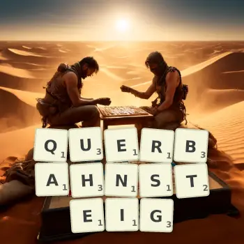 Kreative Illustration für ein Scrabble-Spiel, bei dem das Wort QUERBAHNSTEIG mit Steinen auf dem Brett gelegt wurde.