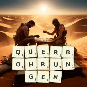 Kreative Illustration für ein Scrabble-Spiel, bei dem das Wort QUERBOHRUNGEN mit Steinen auf dem Brett gelegt wurde.