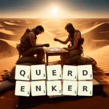 Kreative Illustration für ein Scrabble-Spiel, bei dem das Wort QUERDENKER mit Steinen auf dem Brett gelegt wurde.